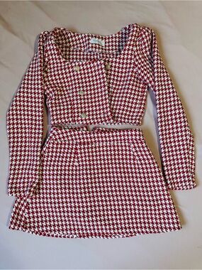 Red & White Houndstooth Two-Piece Skirt Set